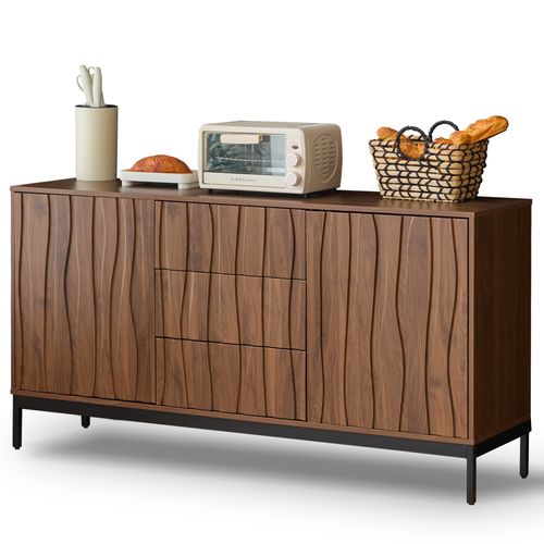 Buffet 150x40x80 Cm Avec 3 Tiroirs, 2 Portes, 4 Pieds Stables, En Mdf, Couleur Marron