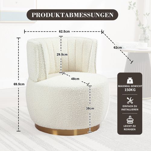 Fauteuil Pivotant 360° Moderne Avec Dossier Ergonomique, Accoudoirs, En Tissu Teddy, Blanc