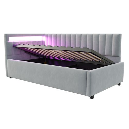 Lit Coffre Enfant 90 X 200 Cm Avec LED, Avec Rangement, Lit Simple, LED, Velours, Gris Clair