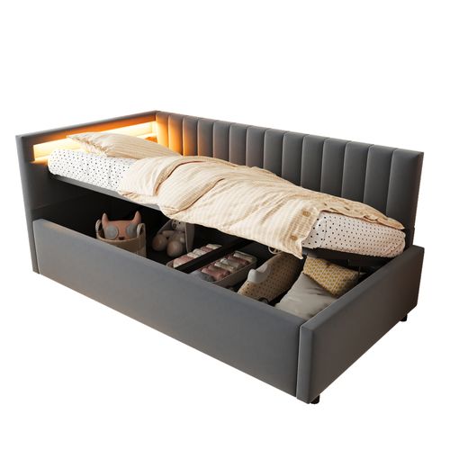Lit Coffre Enfant 90 X 200 Cm Avec LED, Avec Rangement, Lit Simple, LED, Velours, Gris