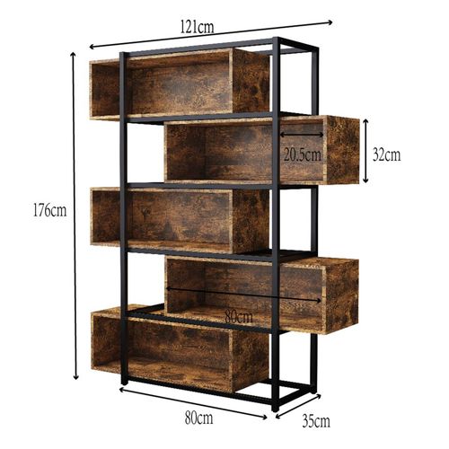 Bibliothèque 121x35x176 Cm Avec 5 Niveaux, Conception anti-basculement, en MDF, Noir Et Brun