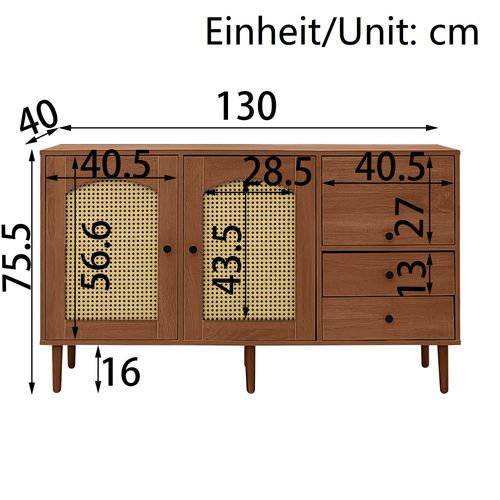 Buffet 130x40x75,5 Cm Avec 2 Tiroirs, 3 Portes, Étagères Réglables, Marron