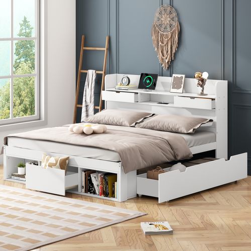 Lit Adulte 140x190 Cm, Lit 2 Place, Lit Multifonctionnel, Port USB, Tiroirs Et Rangements, Blanc