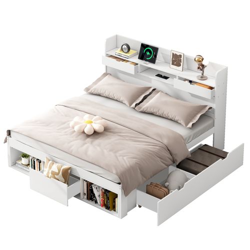 Lit Adulte 140x190 Cm, Lit 2 Place, Lit Multifonctionnel, Port USB, Tiroirs Et Rangements, Blanc