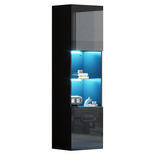Vitrine 45x35x160 Cm Avec 2 Portes, Étagère En Verre, LED, Compartiments Ouverts, Noire