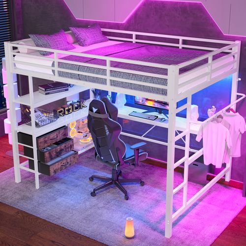 Lit Mezzanine 140x200cm Avec Éclairage LED, Bureau, 3 Tiroirs, Étagères, Structure En Fer, Blanc