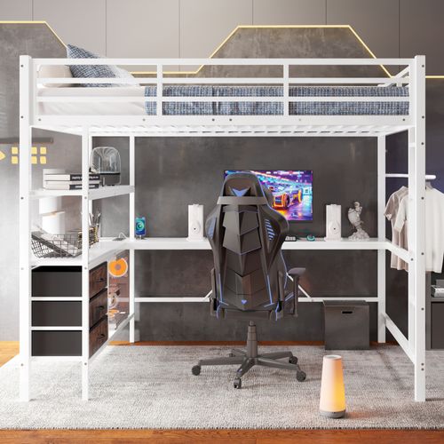 Lit Mezzanine 140x200cm Avec Éclairage LED, Bureau, 3 Tiroirs, Étagères, Structure En Fer, Blanc