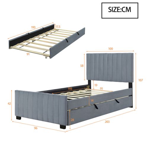 Lit Enfant 90x190 Cm Avec 1 Lit Gigogne 90x190 Cm, Sommier à Lattes, Velours, Gris