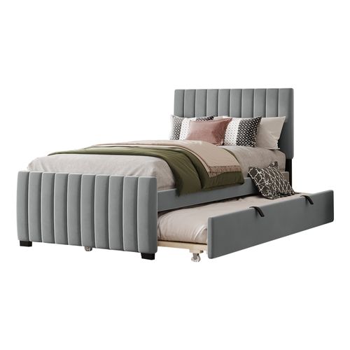 Lit Enfant 90x190 Cm Avec 1 Lit Gigogne 90x190 Cm, Sommier à Lattes, Velours, Gris