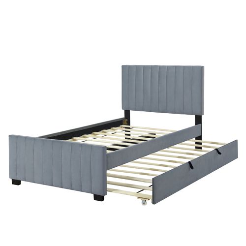 Lit Enfant 90x190 Cm Avec 1 Lit Gigogne 90x190 Cm, Sommier à Lattes, Velours, Gris