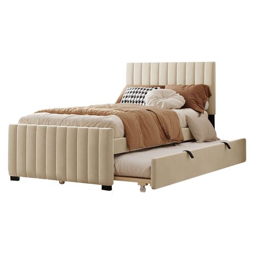 Lit Enfant 90x190 Cm Avec 1 Lit Gigogne 90x190 Cm, Sommier à Lattes, Velours, Beige