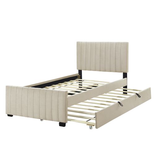 Lit Enfant 90x190 Cm Avec 1 Lit Gigogne 90x190 Cm, Sommier à Lattes, Velours, Beige