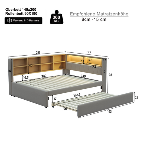 Lit Enfant Lit Gigogne LED 140x200/90x190 Cm, Port De Recharge Et Rangement, Flanelle, Gris Foncé