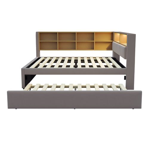 Lit Enfant Lit Gigogne LED 140x200/90x190 Cm, Port De Recharge Et Rangement, Flanelle, Gris Foncé