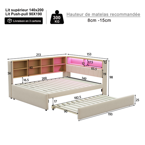 Lit adulte 140x200 Cm avec 1 Lit Gigogne 90x190 Cm, Port De Recharge Et Rangement, Flanelle, Beige