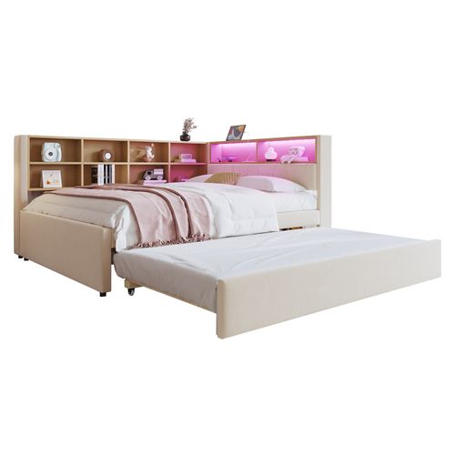 Lit adulte 140x200 Cm avec 1 Lit Gigogne 90x190 Cm, Port De Recharge Et Rangement, Flanelle, Beige