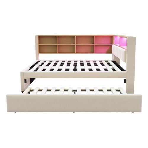 Lit adulte 140x200 Cm avec 1 Lit Gigogne 90x190 Cm, Port De Recharge Et Rangement, Flanelle, Beige