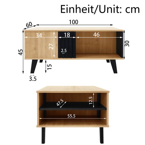 Table Basse 100x60x45 Cm, Avec 3 Compartiments De Rangement, Couleur Bois + Noir