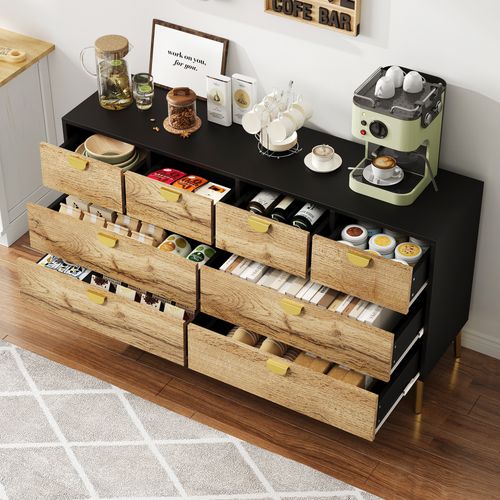 Buffet 150×40×78 Cm Avec 8 Tiroirs, Poignées, Pieds Métalliques, En Mdf, Noir Et Chêne