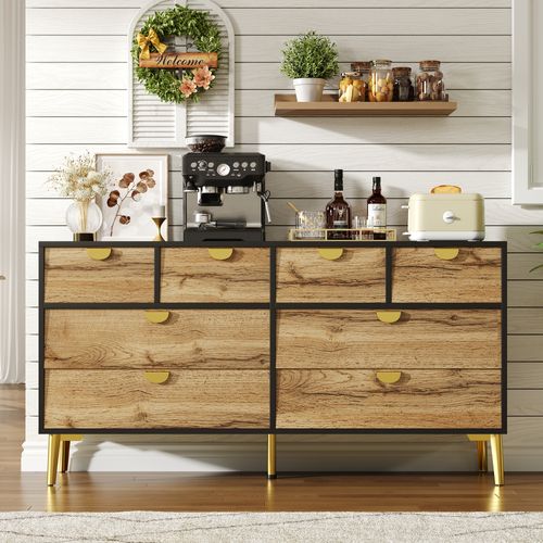 Buffet 150×40×78 Cm Avec 8 Tiroirs, Poignées, Pieds Métalliques, En Mdf, Noir Et Chêne