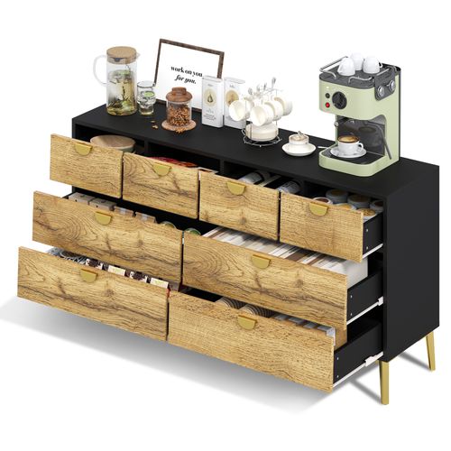 Buffet 150×40×78 Cm Avec 8 Tiroirs, Poignées, Pieds Métalliques, En Mdf, Noir Et Chêne