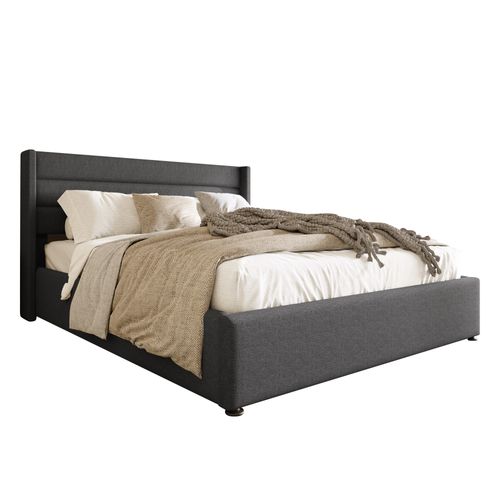 Lit Coffre Adulte 160x200 Cm, Lit 2 Places Avec Rangement, Lin, Gris