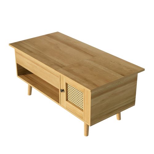 Table Basse 103x50x46/60 Cm Plateau Relevable, 2 Portes Rotin, Panneau De Particules, Bois