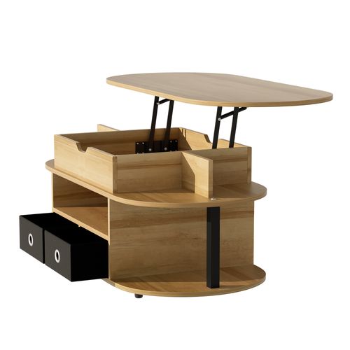 Table Basse 105x50x45-60 Cm Relevable 2 Tiroirs Tissu noir,  Panneaux De Particules couleur bois