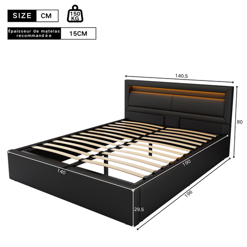 Lit Coffre Rembourré 140x190 Cm Avec LED, Sommier à Lattes, Rangement, En Pu, Noir