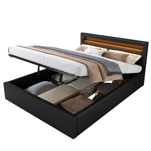 Lit Coffre Rembourré 140x190 Cm Avec LED, Sommier à Lattes, Rangement, En Pu, Noir