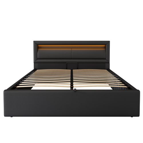Lit Coffre Rembourré 140x190 Cm Avec LED, Sommier à Lattes, Rangement, En Pu, Noir