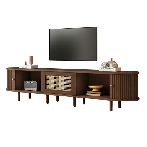 Meuble TV 180x40x40 Cm, Pieds Réglables, Tiroir Et 2 Portes Coulissantes, Design Rotin, Mdf, Brun
