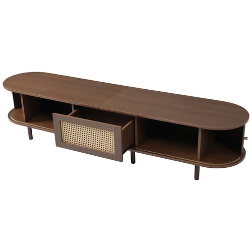 Meuble TV 180x40x40 Cm, Pieds Réglables, Tiroir Et 2 Portes Coulissantes, Design Rotin, Mdf, Brun