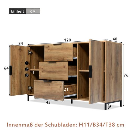 Buffet 120x40x76cm Avec 2 Portes, 3 Tiroirs, Étagère Réglable, En Panneaux Particules, Chêne Foncé