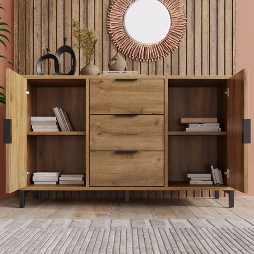 Buffet 120x40x76cm Avec 2 Portes, 3 Tiroirs, Étagère Réglable, En Panneaux Particules, Chêne Foncé