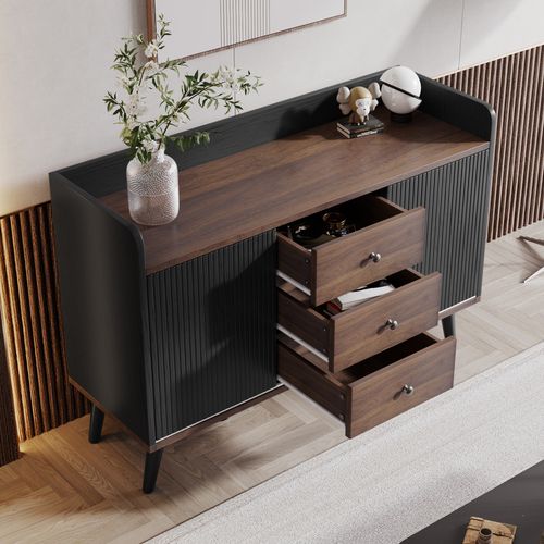 Buffet 117,5x39,5x80 Cm Avec 3 Tiroirs, 2 Portes Coulissantes, Noir