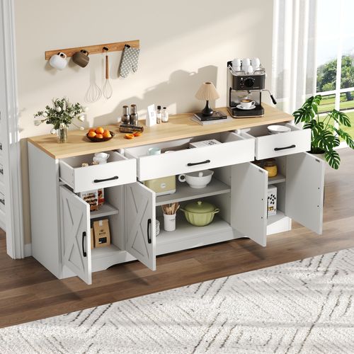 Buffet 160x37x75 Cm Avec 3 Tiroirs, 4 Portes, Plateaux Réglables, En Mdf, Blanc