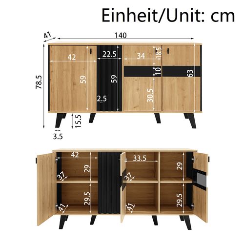 Buffet 140x41x78,5 Cm Avec 3 Portes, Éclairage LED, Pieds De Support, Chêne Et Noir