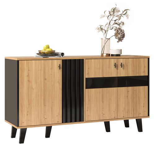 Buffet 140x41x78,5 Cm Avec 3 Portes, Éclairage LED, Pieds De Support, Chêne Et Noir