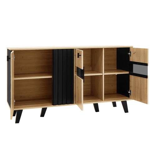 Buffet 140x41x78,5 Cm Avec 3 Portes, Éclairage LED, Pieds De Support, Chêne Et Noir
