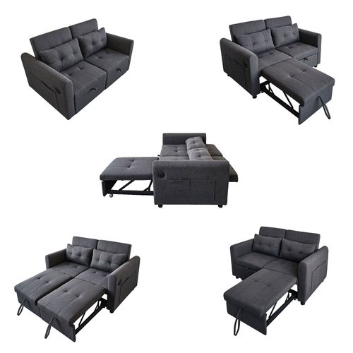 Canapé Convertible 2 Places Avec Dossier Réglable, USB, Poches Latérales, En Coton Lin, Gris