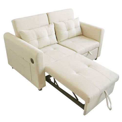 Canapé Convertible 2 Places Avec Dossier Réglable, USB, Poches Latérales, En Coton Lin, Beige