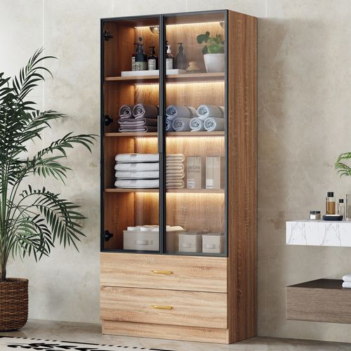 Vitrine Moderne 75×34,5×170 Cm, Avec LED, 2 Tiroirs, 2 Portes Verre Trempé, En Mdf, Couleur Marron