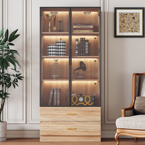 Vitrine Moderne 75×34,5×170 Cm, Avec LED, 2 Tiroirs, 2 Portes Verre Trempé, En Mdf, Couleur Marron