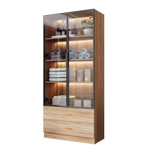 Vitrine Moderne 75×34,5×170 Cm, Avec LED, 2 Tiroirs, 2 Portes Verre Trempé, En Mdf, Couleur Marron