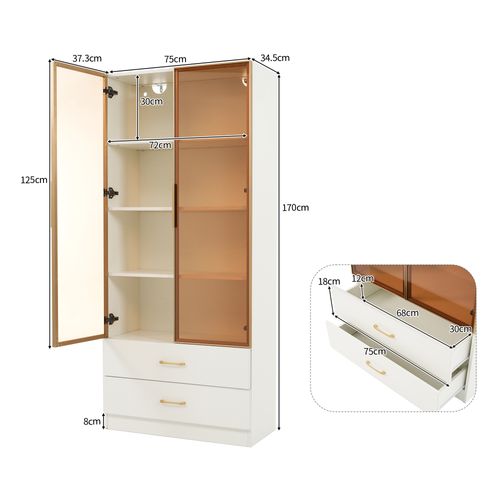 Vitrine LED 75x34,5x170 Cm Avec 2 Tiroirs Et 2 Portes Vitrées, Mdf, Blanc