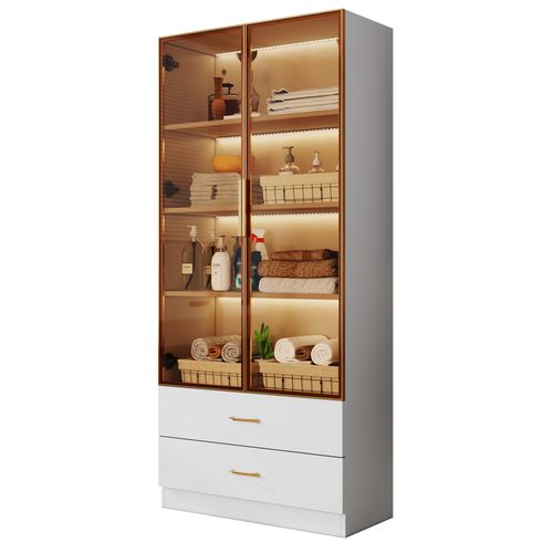 Vitrine LED 75x34,5x170 Cm Avec 2 Tiroirs Et 2 Portes Vitrées, Mdf, Blanc