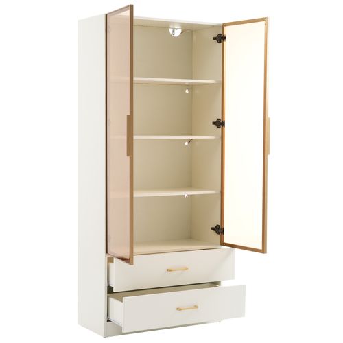 Vitrine LED 75x34,5x170 Cm Avec 2 Tiroirs Et 2 Portes Vitrées, Mdf, Blanc