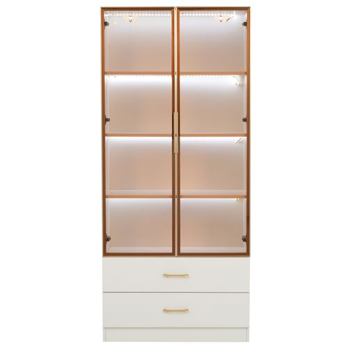 Vitrine LED 75x34,5x170 Cm Avec 2 Tiroirs Et 2 Portes Vitrées, Mdf, Blanc