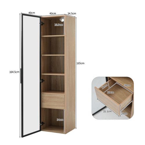 Vitrine Moderne 40×34,5×165 Cm Avec LED, 1 Tiroir, 1 Porte Verre Trempé, En Mdf, Naturel